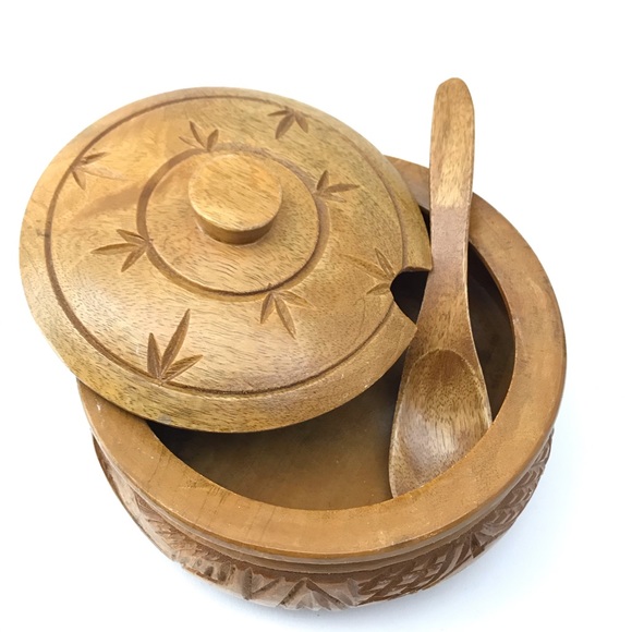 Vintage hand carved wooden tiki bowl w/ lid spoon